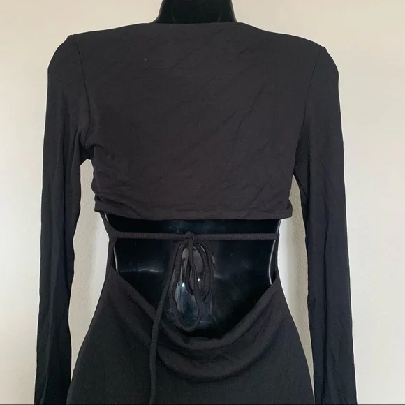 Princess Polly Black Long Sleeve Square Neck Tie Cut Out Back Mini Dress - Picture 8 of 11